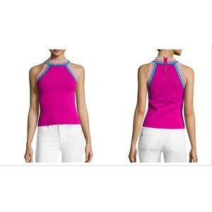 Milly Tank Top Womens S Fuchsia Pink Rainbow Woven-Trim Halter Neck Outdoor